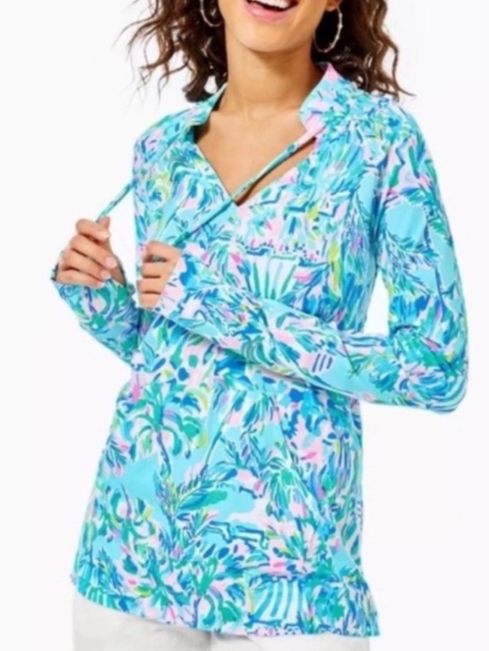NWOT Lilly Pulitzer Cassie Popover Aqua, Pink and Green Printed Hoodie Tunic